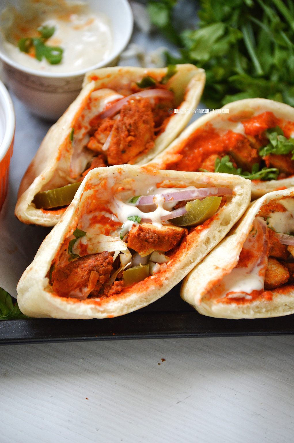 Spicy Chicken Shawarma Pita Pockets with Harissa Sauce - Savory&SweetFood